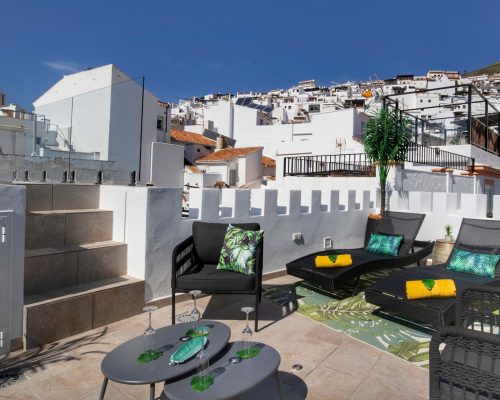 The photo shows the roof terrace of No 17 townhouse - a 5 star holiday rental villa located in Competa, Axaraquia, Andalucia, Southern Spain